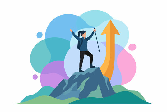 Business Growth Achievement Concept with Person on Mountain Peak