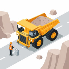 Large yellow mining dump truck on a road with a worker. © pras