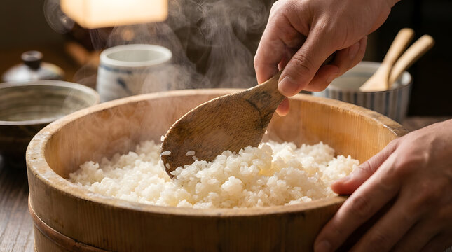 Chef preparing authentic Japanese sushi rice| Mixing steamed rice in a traditional wooden hangiri bowl |Close-up of professional chef hands with wooden paddle |Hot steaming white rice