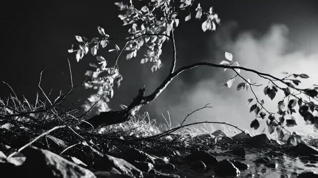 Black and white shot of a bent tree on a rocky shore with fog and bright light, evoking mystery and nature's quiet strength
