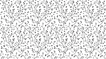 Seamless black and white botanical pattern with delicate branches, tiny leaves and swirling vine elements © smcreovent