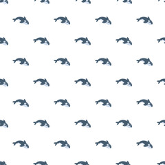 Fototapeta premium Cartoon killer whale repeating across a white background, creating a marine themed design