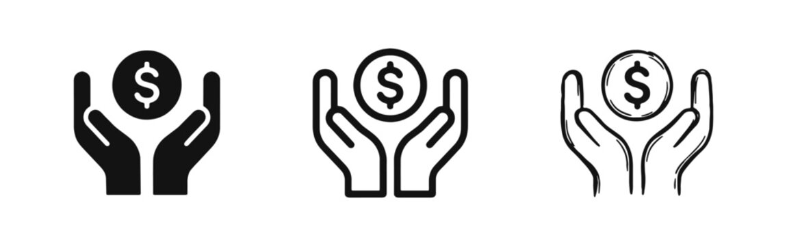 Hands holding dollar coin money savings and charity icon set