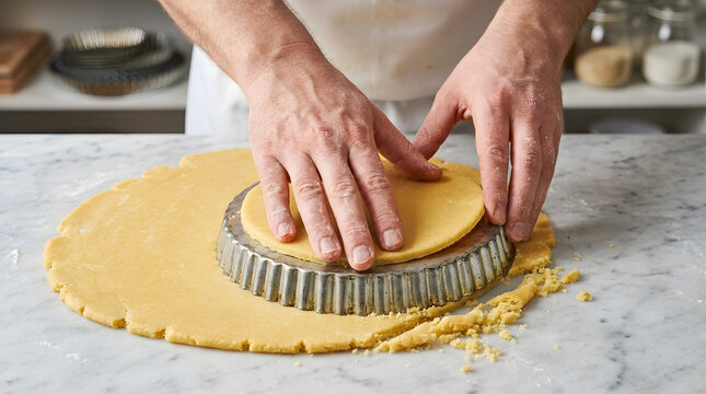 Professional baker preparing pastry dough | Hands pressing tart tin into shortcrust pastry | Baking process on marble kitchen countertop | Chef cutting out dough for fruit tart base