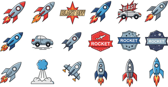 Rocket Launch and Space Shuttle Vector Icon Set Isolated on White Background