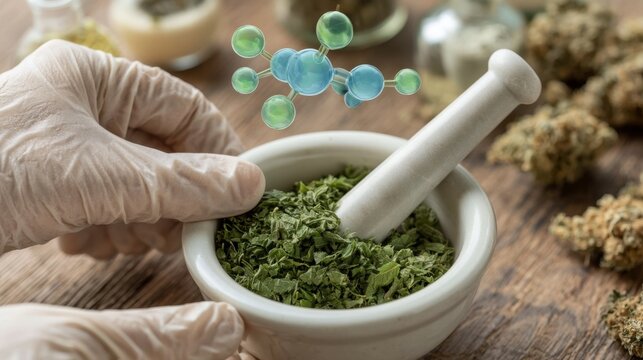 Close-up of gloved hand crushing green herb in white mortar with pestle and molecular structure illustration in natural herbal medicine preparation scene