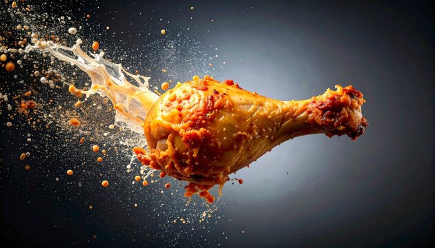 Intense macro shot of country chicken drumstick snapping in mid air with flying spice