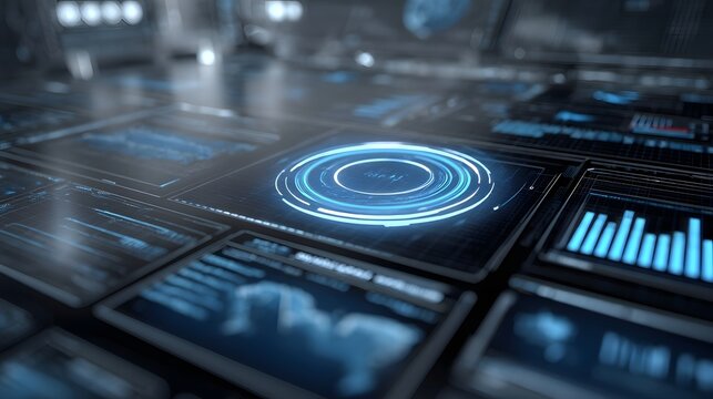 A futuristic abstract digital interface showcasing dynamic data streams and metallic technology textures