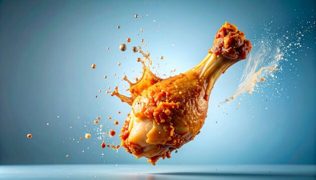 Intense macro shot of country chicken drumstick snapping in mid air with flying spice