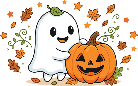 Cute Cartoon Ghost Holding a Jack O Lantern Pumpkin Surrounded by Autumn Leaves and Stars for Halloween Festive Vector Graphic Design