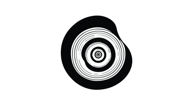 Abstract black and white concentric circles form an organic, irregular shape, creating a hypnotic visual effect on a clean background.