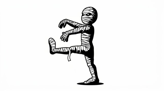 Walking mummy in a Halloween-themed design, black-and-white sketch engraving style vector illustration for T-shirt apparel print. Scratchboard imitation with a hand-drawn look.