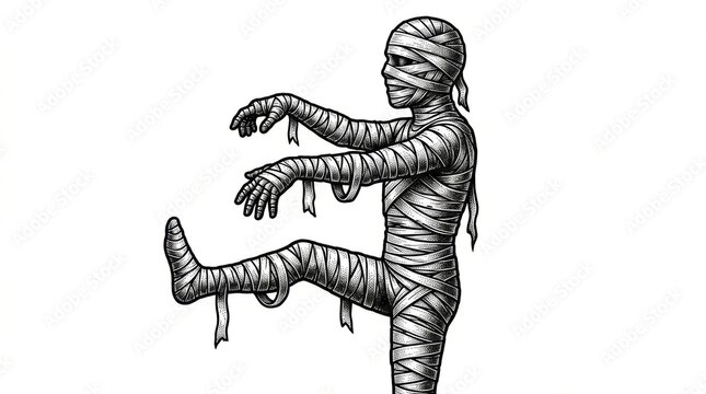 Walking mummy in a Halloween-themed design, black-and-white sketch engraving style vector illustration for T-shirt apparel print. Scratchboard imitation with a hand-drawn look.
