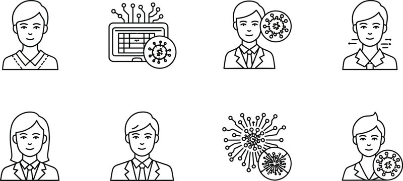 Line of people and virus particles, including computer screen with gears line people black and white