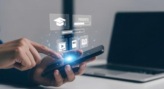 Mobile learning concept hands holding smartphone with educational icons and progress bar