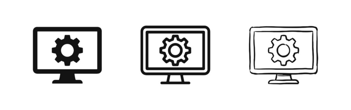 Computer settings icons, monitor with gear symbol for configuration