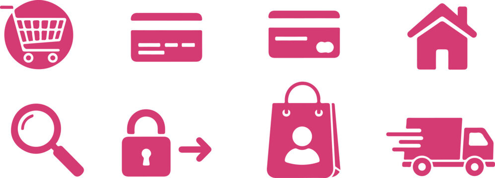 Set of eight colorful icons representing online shopping and secure payment process steps isolated on transparent background