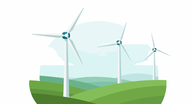Sustainable Wind Energy Concept with Wind Turbines on Green Hills; Clean Renewable Power Generation Flat Vector Illustration