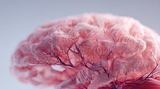 Ultra-detailed macro shot of realistic human brain cortex showcasing intricate neural textures and blood vessels against a soft laboratory background for educational neuroscience purposes