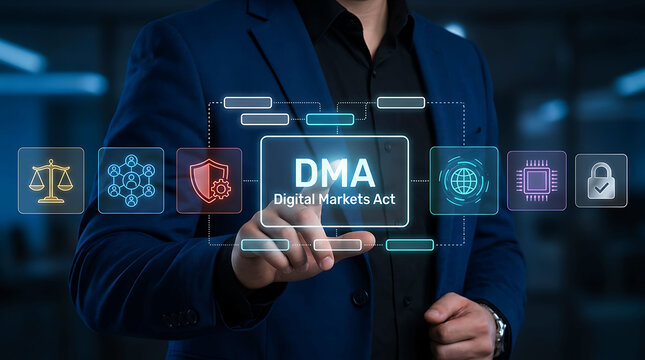 Businessman Using DMA Digital Markets Act Interface for Online Security Compliance