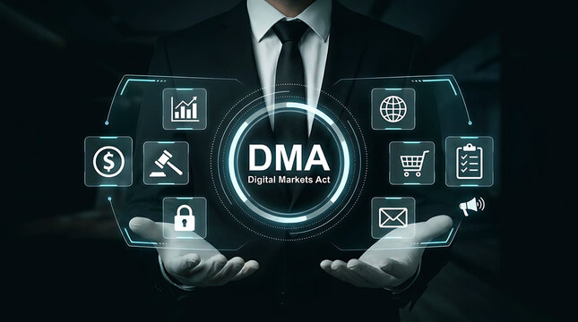 Businessman Presenting DMA Digital Markets Act for Ecommerce and Data Security