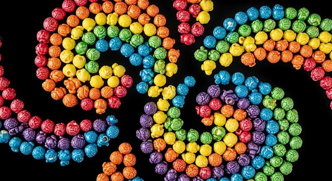 Vibrant rainbow swirl of colorful popcorn artfully arranged on a black background
