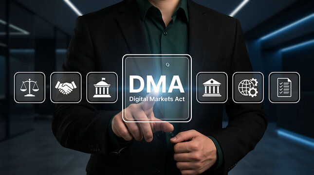 Businessman Using DMA Digital Markets Act Interface for Business Compliance