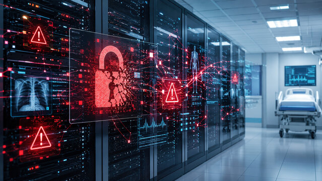 hospital server breach alert, concept of healthcare cybersecurity risk