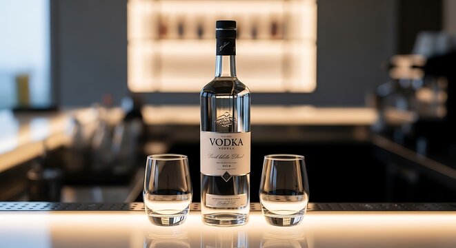 Minimalist vodka arrangement with a bottle and two glasses on a modern bar counter.
