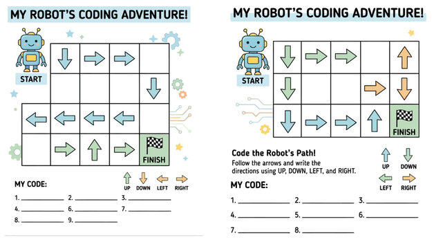Robot arrow path coding worksheet for preschool