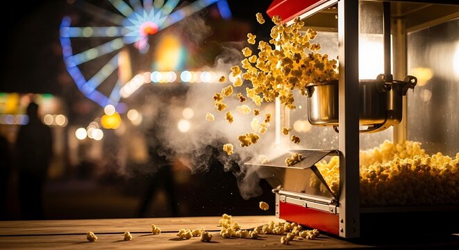 Fresh popcorn popping from a machine at a lively night fair with a Ferris wheel.