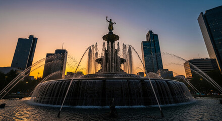Obraz premium A grand fountain with water jets cascades down, framed by modern skyscrapers against a colorful twilight sky, symbolizing urban beauty and civic pride