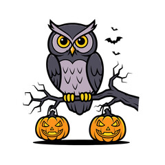 Fototapeta premium Owl Sitting on Tree with Pumpkins.