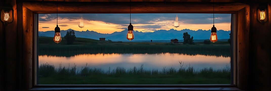 Rustic cabin interior framing a serene mountain lake at sunset with hanging edison bulb lighting