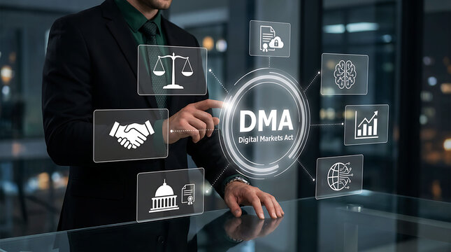 Businessman Using DMA Digital Markets Act Interface for Regulatory Compliance
