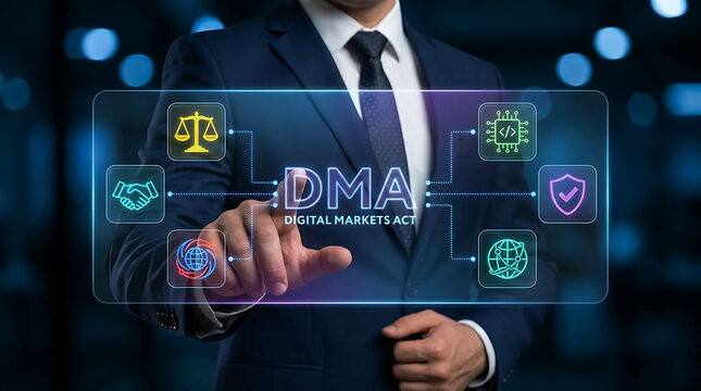 Businessman Using DMA Digital Markets Act Interface for Digital Governance