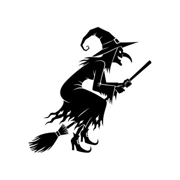 Witch flying on a broomstick alone.