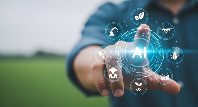 Artificial intelligence in agriculture smart farming technology concept with hand interaction
