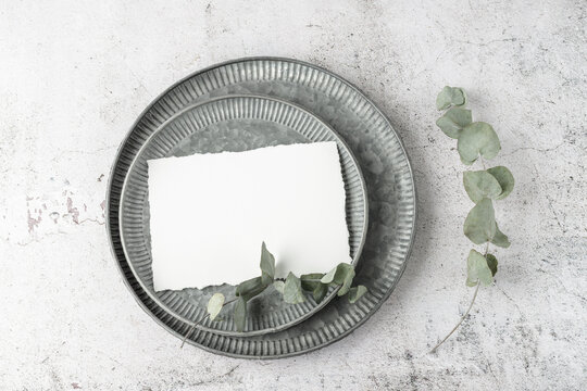 Blank white paper postcard on retro metallic round tray, eucalyptus twig on grunge background. Invitation floral card in vintage style. Mockup birthday greeting card.