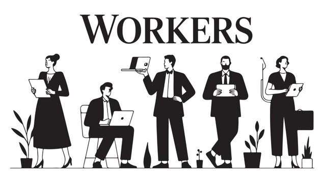 A group of diverse professionals depicted in a modern minimalist illustration