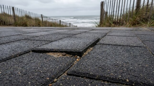 Close-up view of interlocking asphalt tiles on a textured ground surface with sand and pebbles visible in gaps, leading towards a beach and ocean.