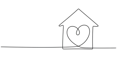 Continuous single line drawing of a house with a heart inside © PULOK