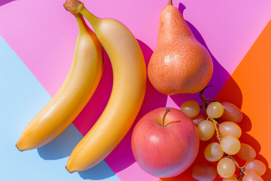 Bananas, pear, apple and grapes arranged on a pink, orange and blue geometric background in a bright studio flat-lay.