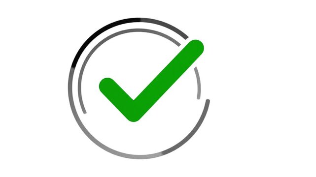 Green check icon animation, approval verification motion graphics, success business overlay background