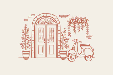 Scooter parked by a charming arched doorway with potted plants and brick wall detail line art hand drawn home decor motorcycle entrance building architecture greenery exterior © Foysal