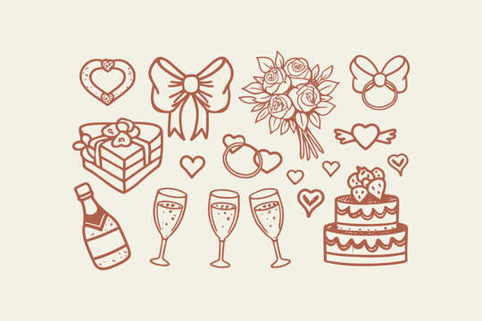 Wedding celebration elements including champagne glasses wedding rings a bouquet a cake with line art hand drawn celebration marriage champagne decoration occasion togetherness