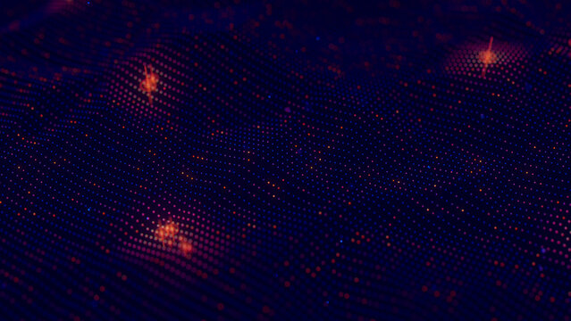 Top view on futuristic blue orange technology point wave with glowing data points. Digital AI cyberspace concept. Abstract digital wave with dots. Big data flow analysis.