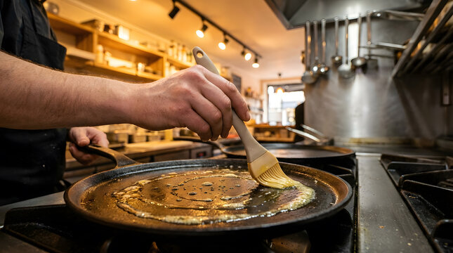 Chef brushing melted butter on cast iron skillet | Professional kitchen cooking technique close up | Greasing hot pan with silicone pastry brush | Restaurant kitchen food preparation process