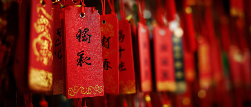 Red tags with Chinese calligraphy hanging in a row, possibly representing wishes or blessings