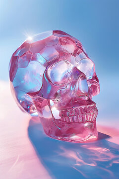 Pink glass skull with faceted gem texture on a soft blue studio background and sun flare. Surreal luxury product shot for branding, packaging, beauty and editorial campaigns.